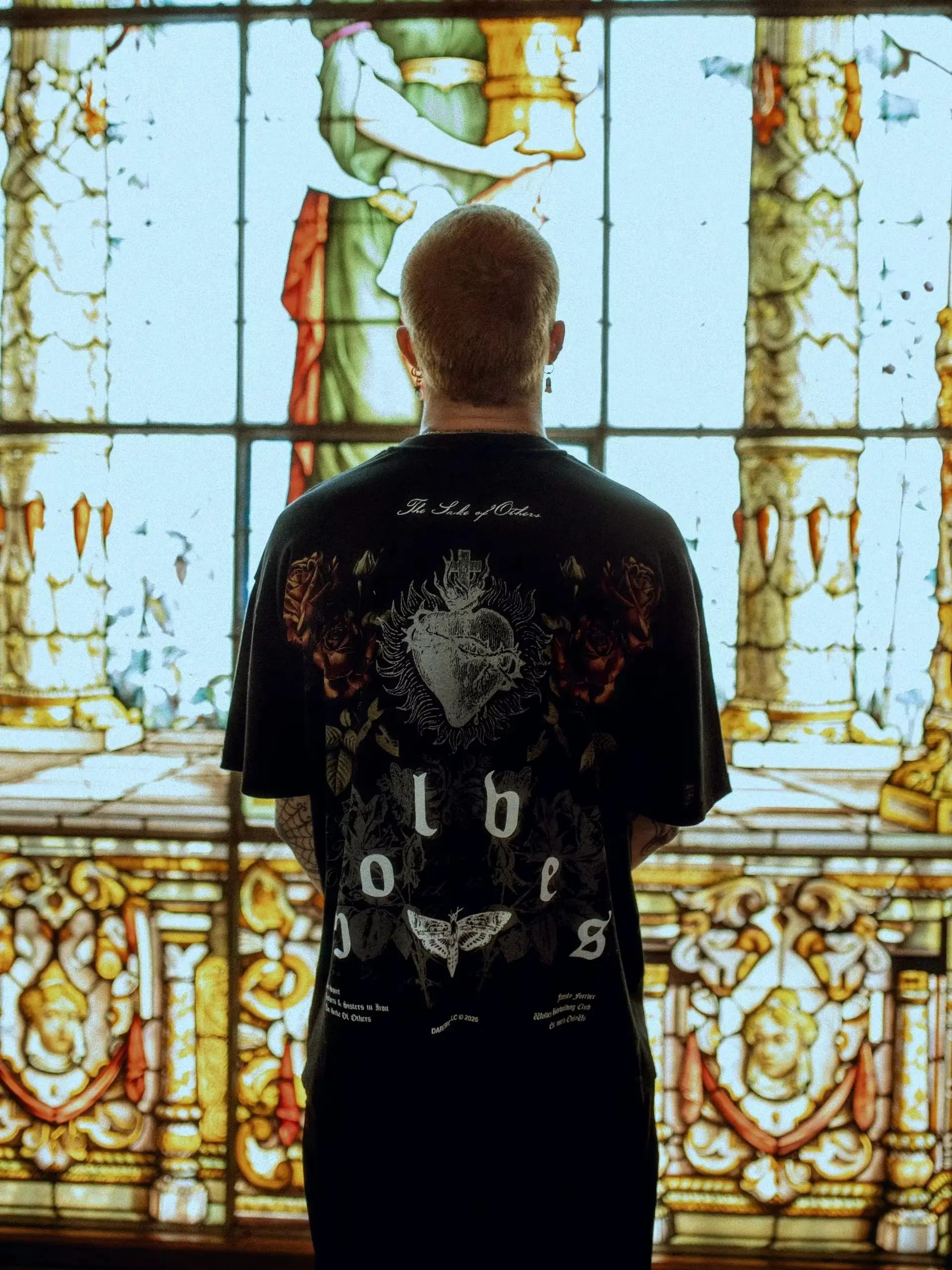 Vintage Gothic Rose Sacred Heart Wolves Print Oversized T-Shirt Men Heavyweight Cotton Streetwear Hip Hop Casual Gym Shirts