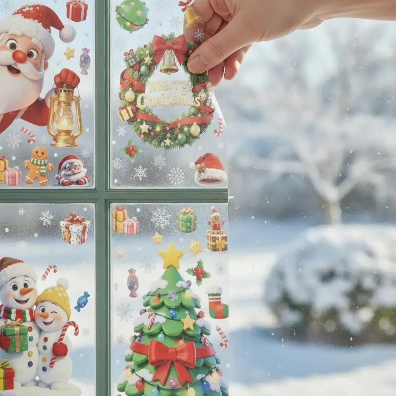 Christmas Window Stickers 3D Santa Claus House Snowflakes Electrostatic Sticker Home 2026 Xmas Party Christmas Decor