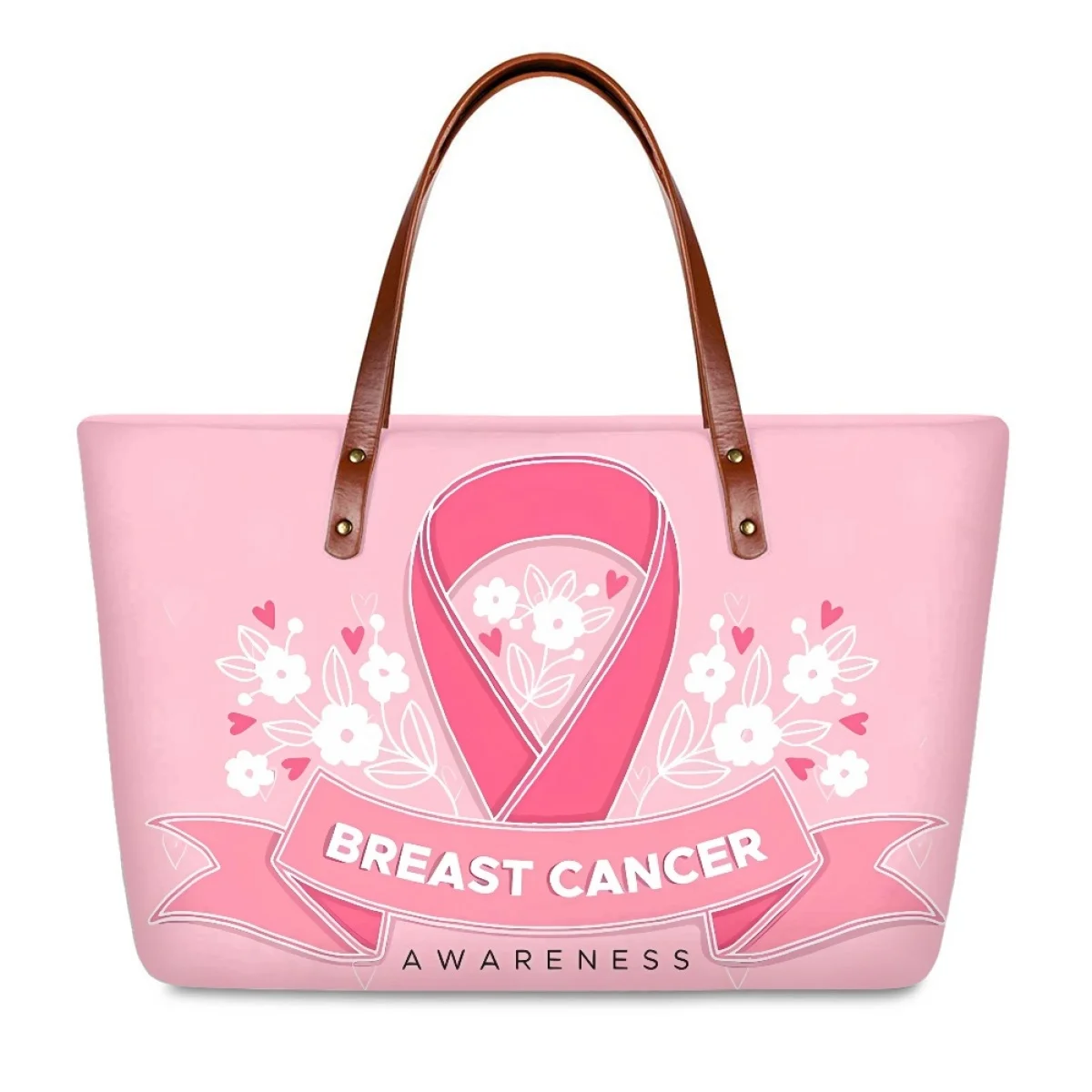 Women's Handbag Large Capacity Casual Shopping Shoulder Bag Hot Breast Cancer Awareness Heart Shape and Ribbon Print Travel Tote