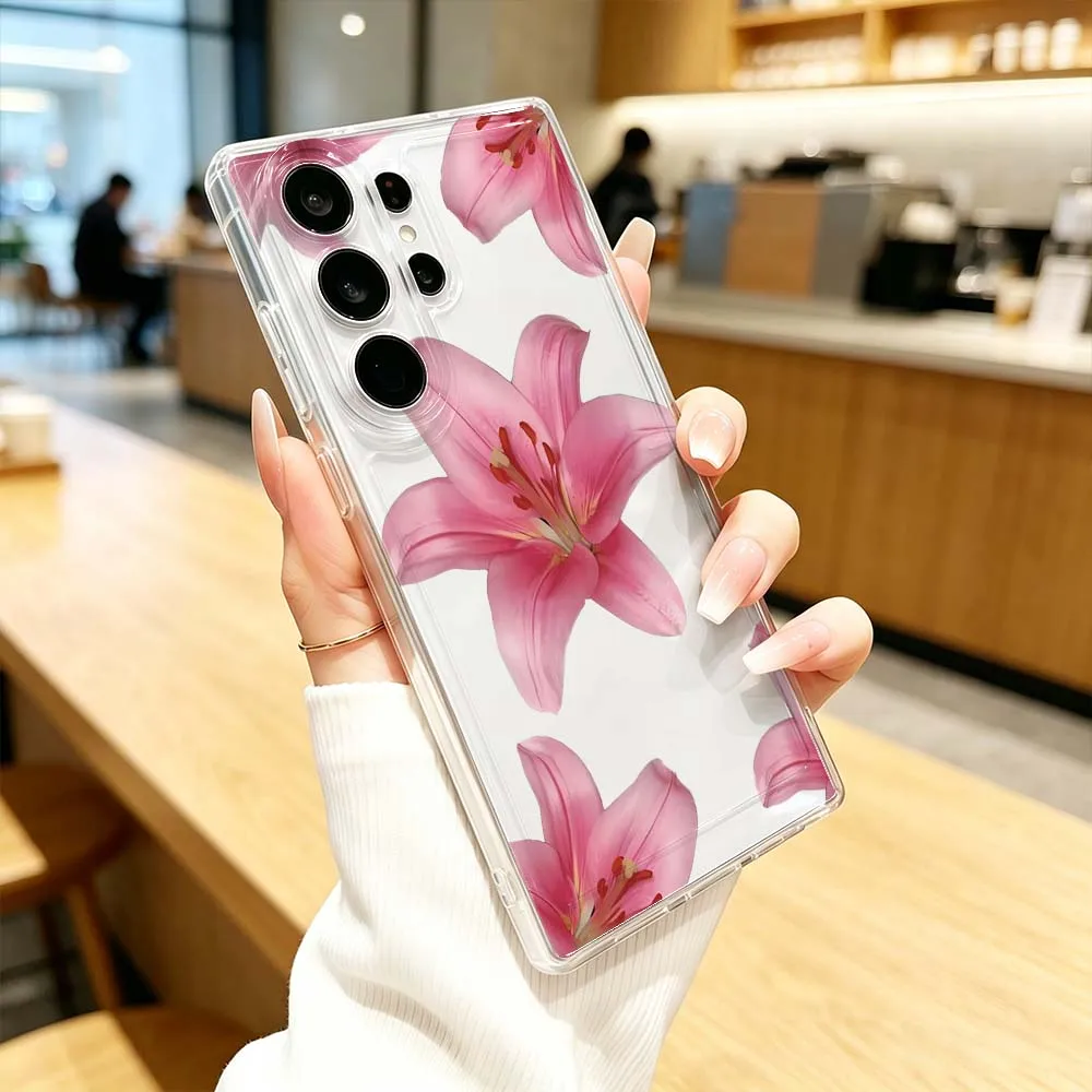 Stylish Pink Floral Phone Case For Samsung Galaxy S26 S25 S24 S23 S22 S21 S20 Ultra Plus FE Pro 5G Transparent Cover