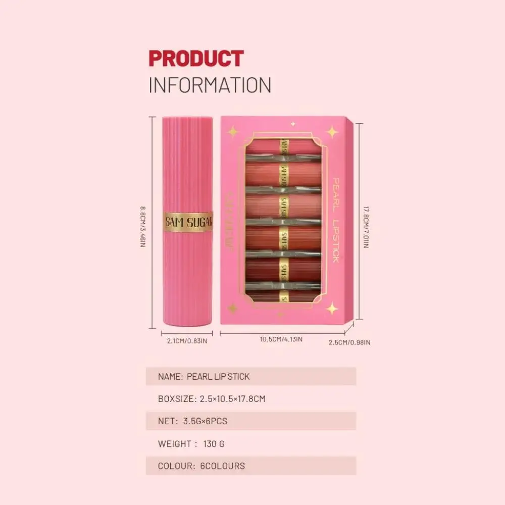 Set di rossetti rosa diamante da 6 pezzi, marrone cioccolato, glitter metallici, trucco lucidalabbra scintillante con perle scintillanti a lunga durata