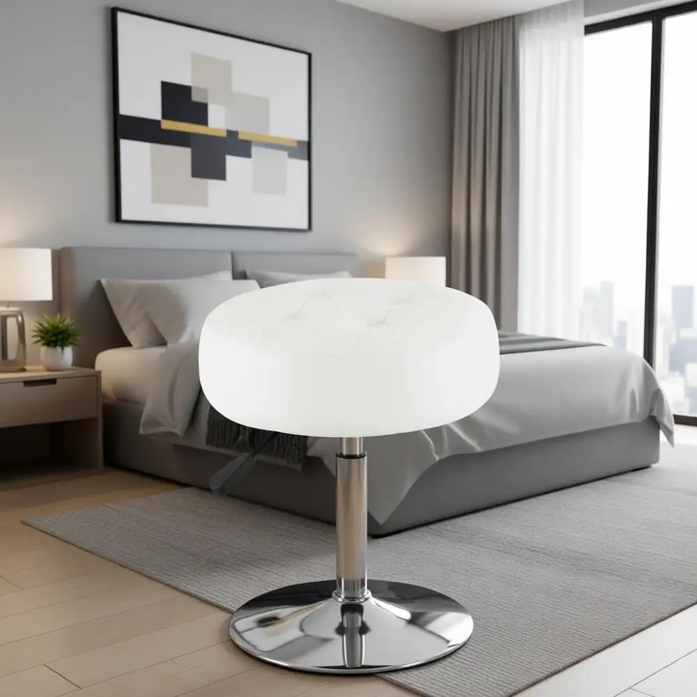 

Round Leather Vanity Stool with Adjustable Height and 360-Degree Swivel for Makeup Rooms