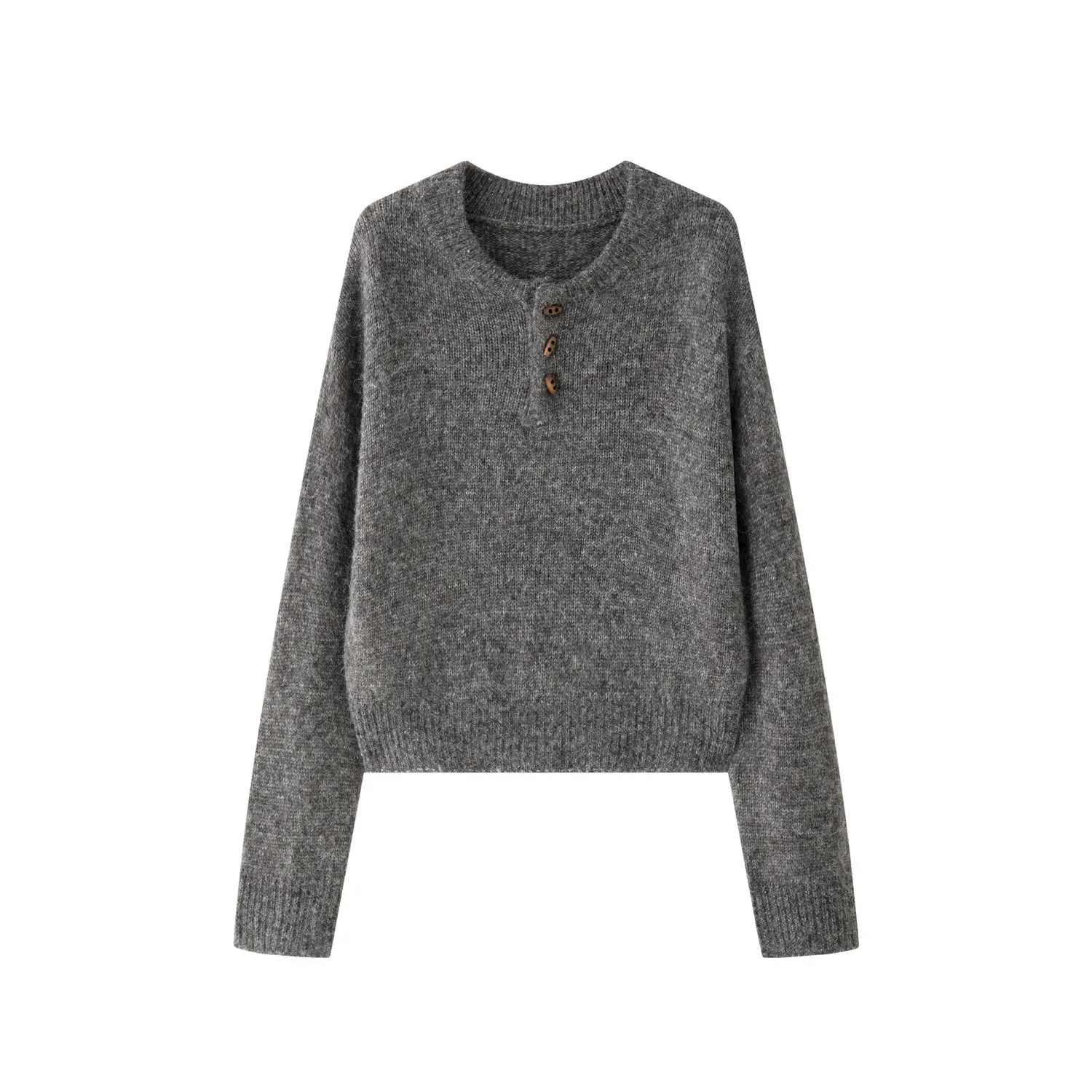 Crop Henley Sweater Wool Blend Boxy Loose Fit Jumper Women