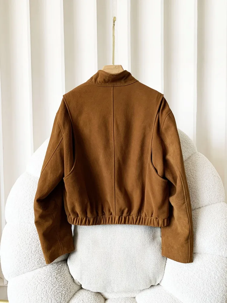 High Quality Stand Collar Womens Sheep Suede Jacket Work Ladies Genuine Leather Biker Short Jackets Casual Pockets Outerwear