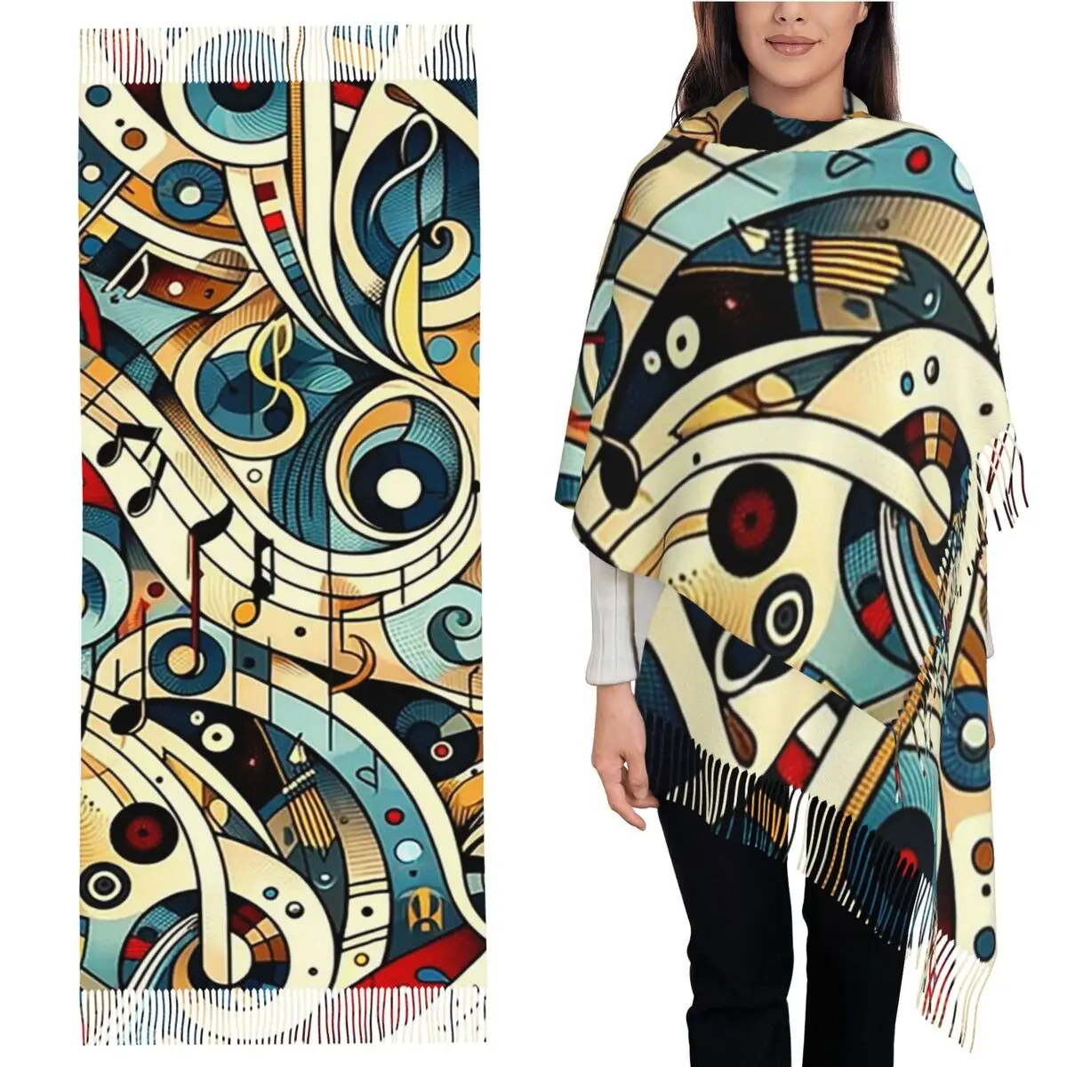 

Симфония в завитках, шарф с музыкальной нотой, шарфы с кисточками, женские мягкие теплые шали и накидки, большая осенне-зимняя шаль