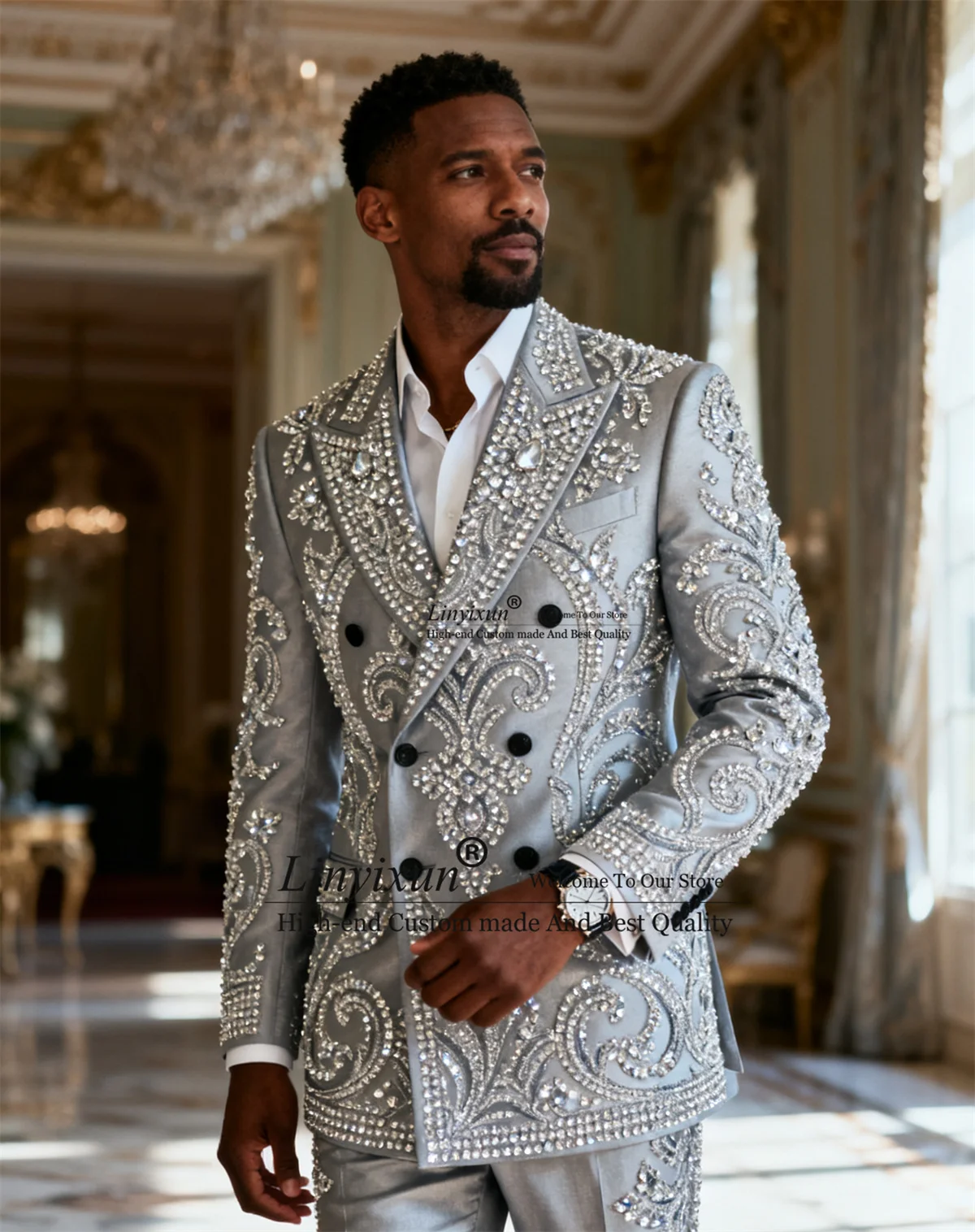 Sparkly Rhinestones Gem Men Suits Customized Slim Fit Wedding Tuxedos 2 Pieces Sets Groom Male Blazers Double Breast Ropa hombre