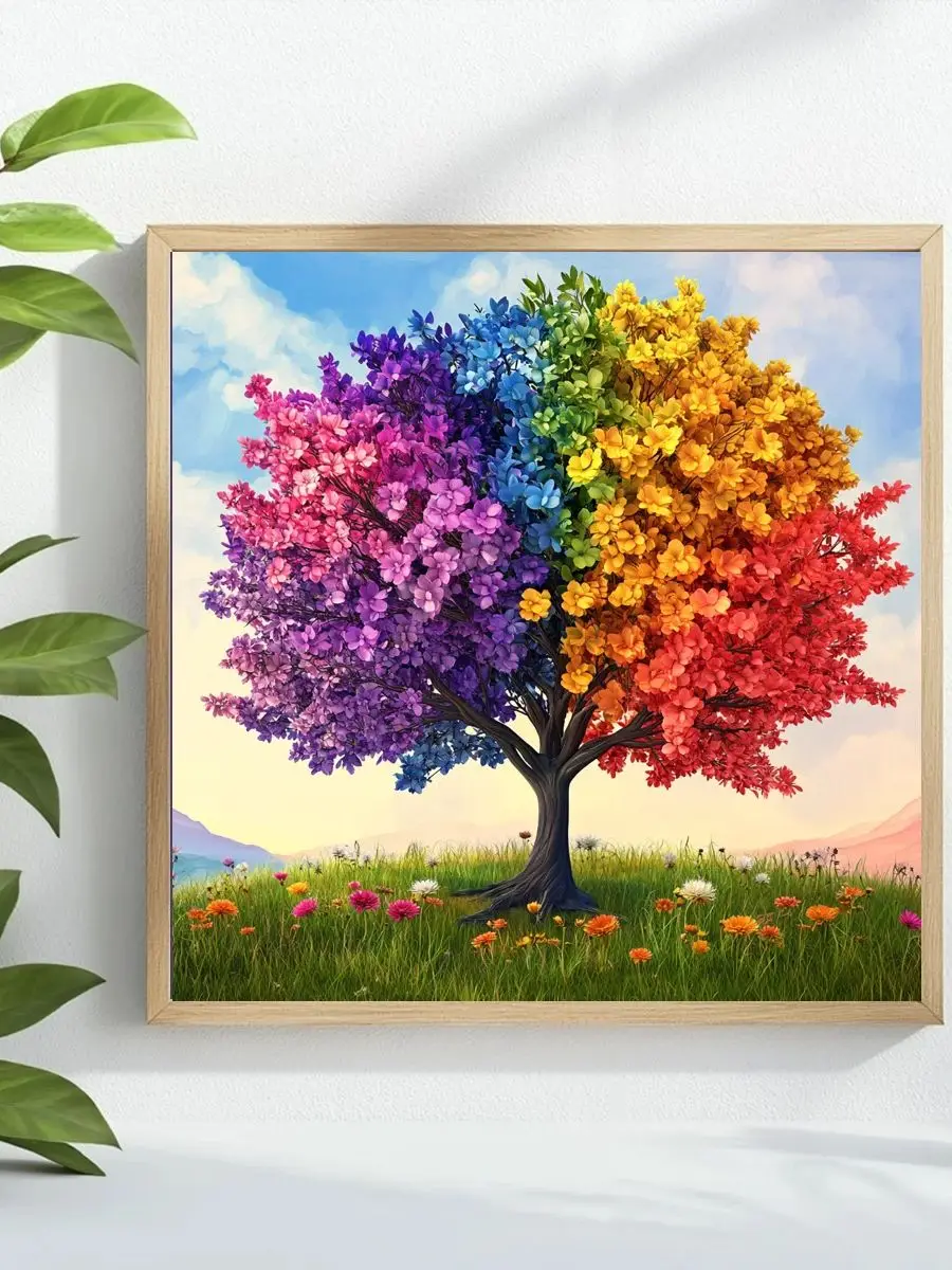 1 Stück 40x40 cm/15,74 Zoll Buntes Baum-Kreuzstich-Set DIY-Kit 11CT/14CT Hängendes Gemälde als Geschenk Öko-Baumwollfaden – Detail 1