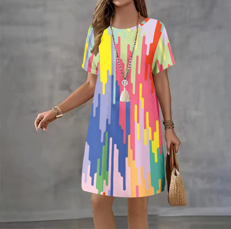 Fashion Chain Printed Round Neck Short Sleeved Pullover T-shirt Dress Women's Retro Ethnic Style Dress Vestidos Elegantes Robe