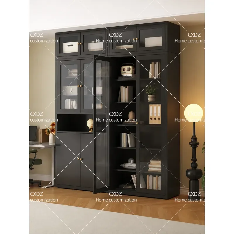 Modern Steel Bookcase with Glass Door Floor Standing Display Cabinet Living Room Wall Storage Unit Dustproof Showcase Shelf