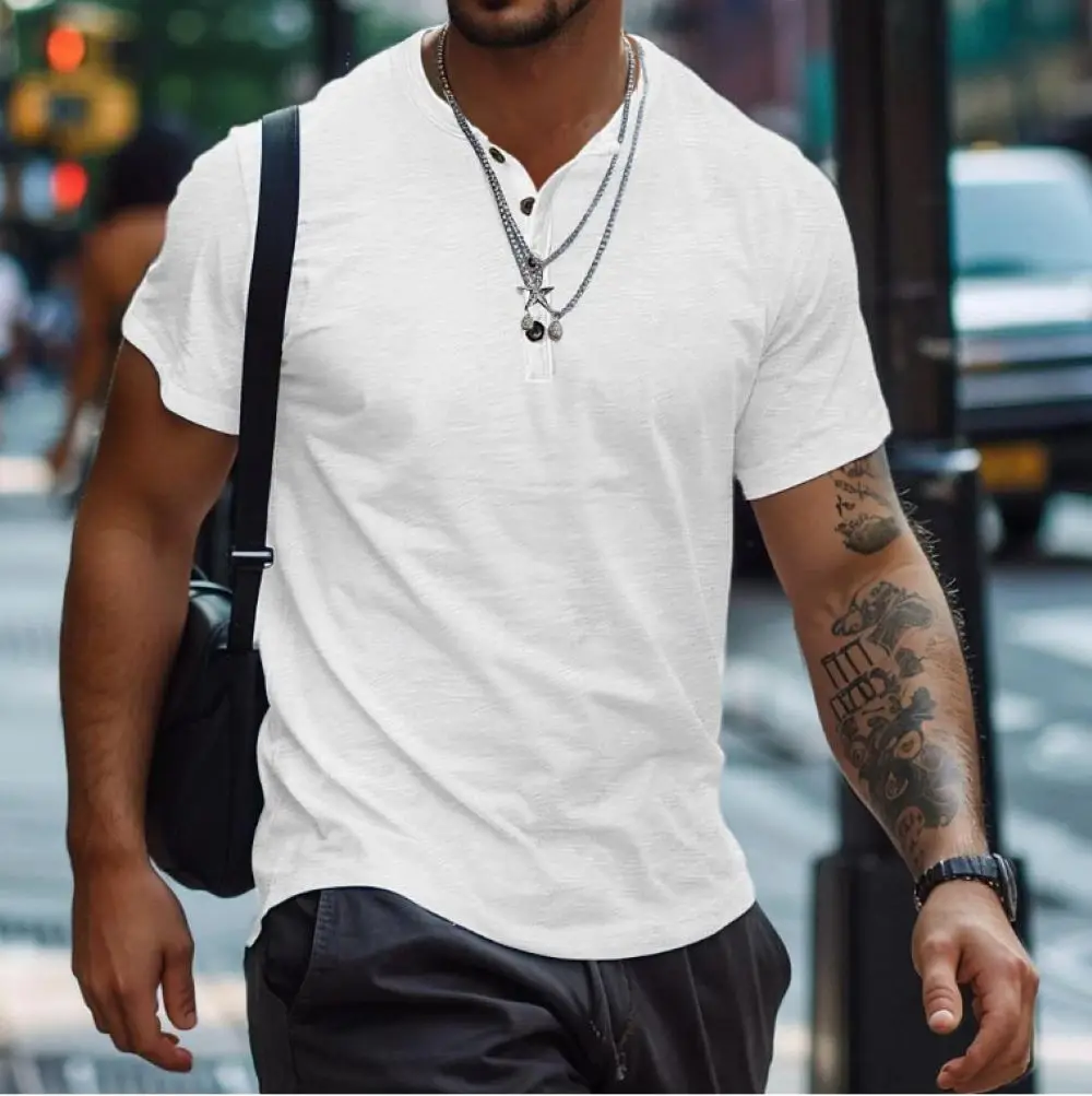 

GELITAYIN Men's Short-sleeved Polo Shirt Buttons Close Skin-friendly Henry Collar T-shirt Sports Casual Solid Color Fashion Men'