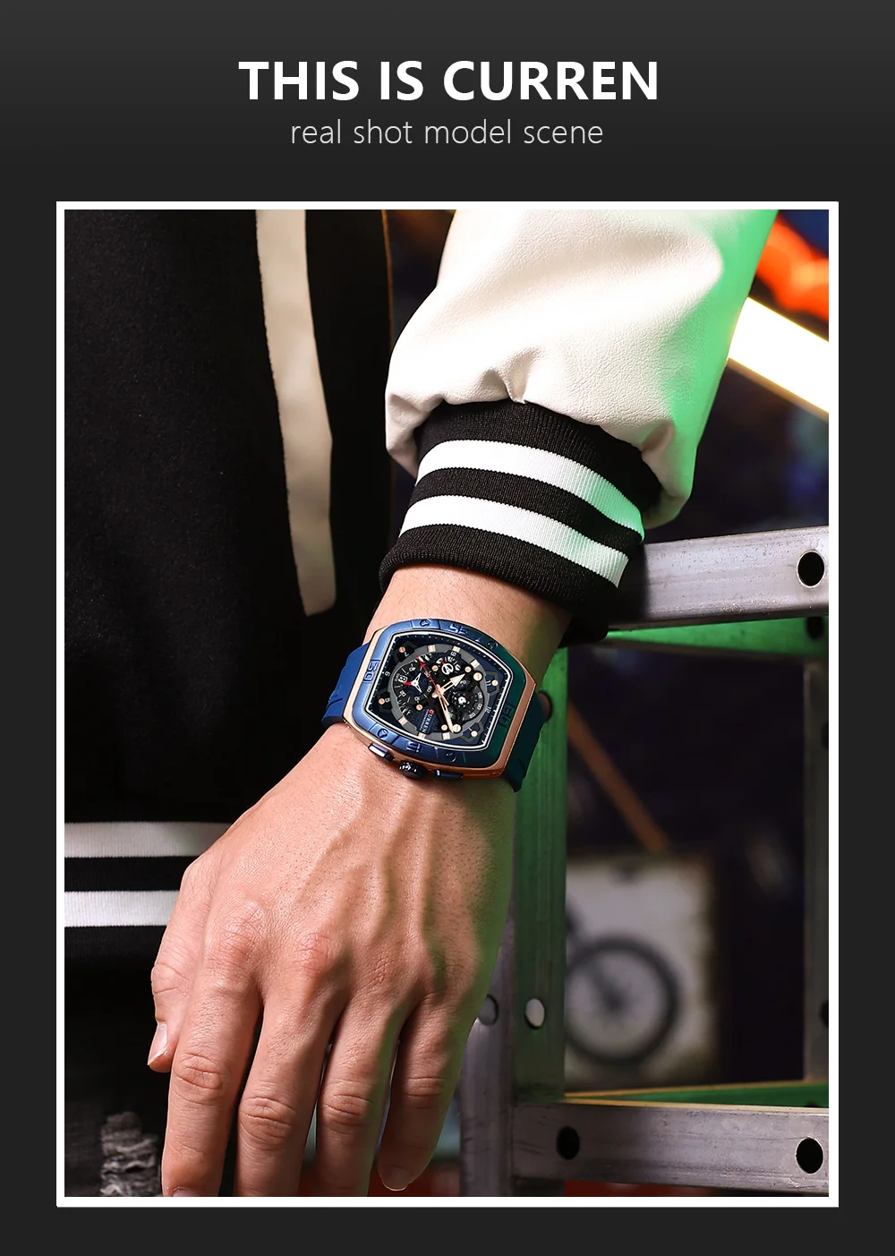 Einzigartige Tonneau-Uhren der Marke CURREN mit großem Zifferblatt, lässige Quarz-Armbanduhr mit Silikonarmband und leuchtendem 8443 – Detail 10