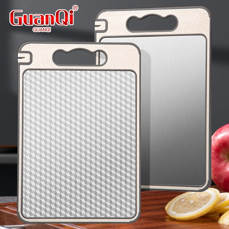 Stainless Steel Double Sided Titanium Wheat Straw Cutting Board Scratch Resistant Anti Slip Silicone Edge Kitchen Chopping Board