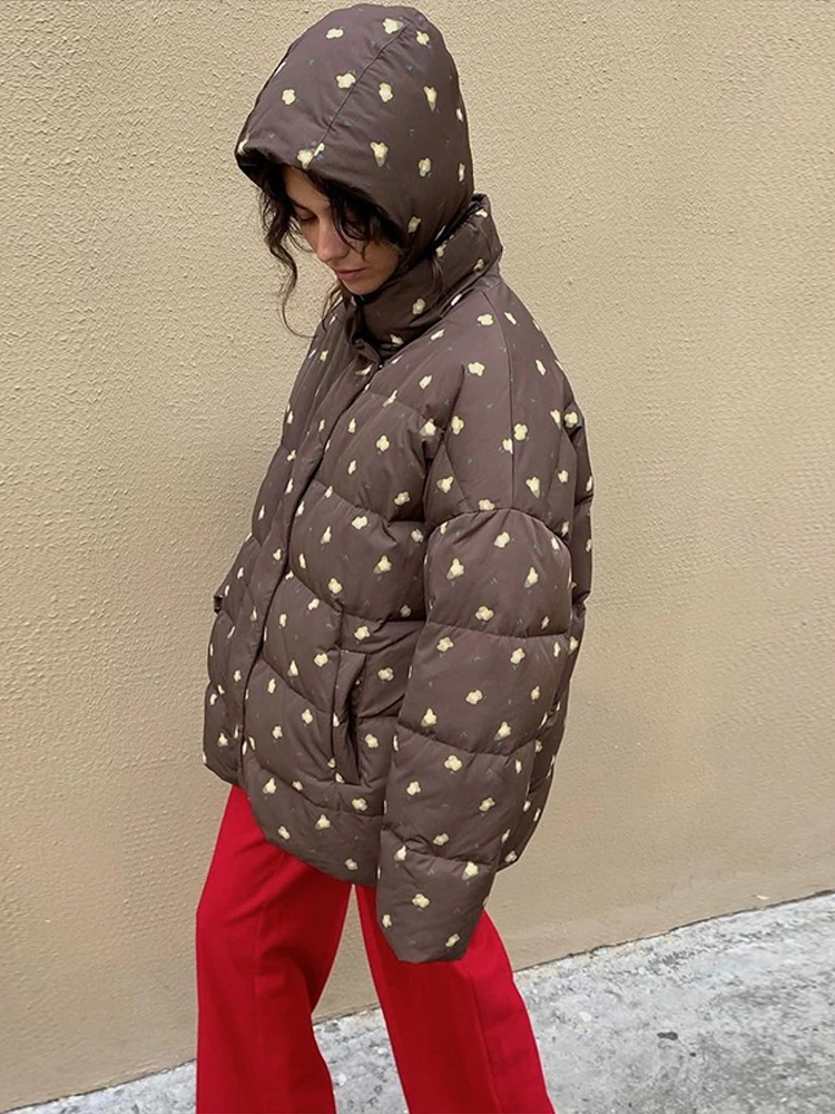 Women's New Warm Jackets Stand Collar Print Hooded Cotton Jacket Woman Detachable Hat Loose Long Sleeve Casual Coats Versatile