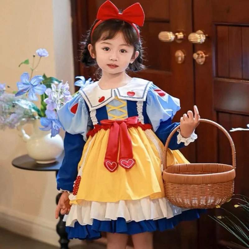 Disney Snow White Girl Lolita Princess Ball Gown Children Bow Design Puff Long Sleeve Cosplay Costume Birthday Party Skirt Gifts