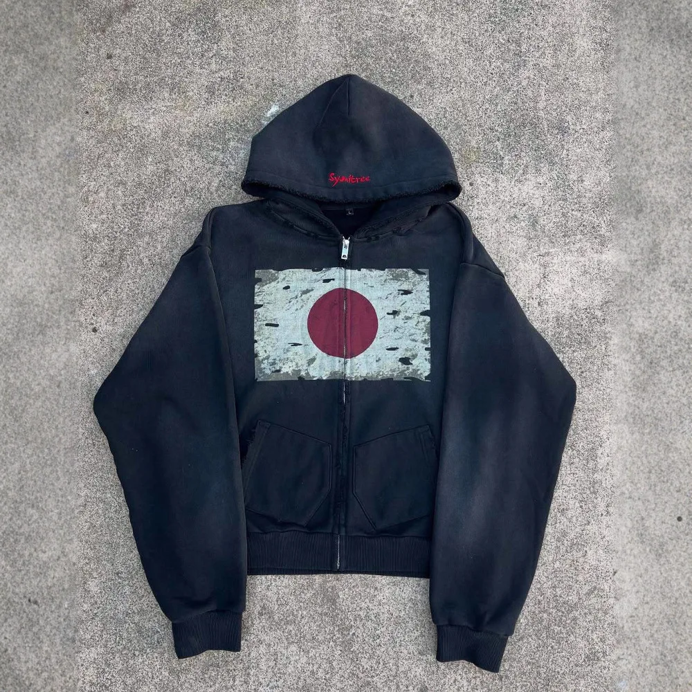 تصميم العلم الوطني الجديد لخريف وشتاء 2025 Y2K Harajuku سترة بقلنسوة بسحاب على طراز الشارع القديم هاي ستريت.