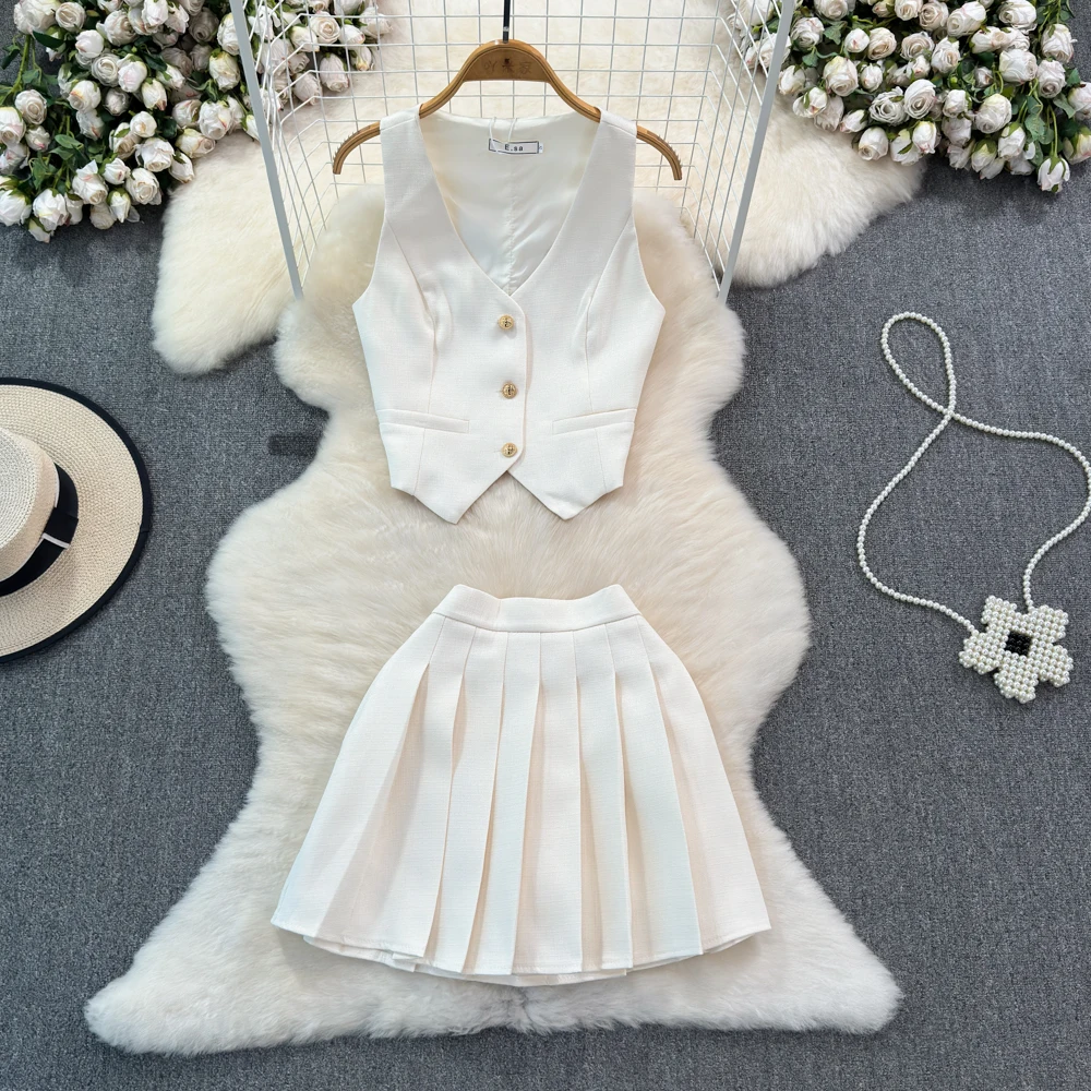 Office Lady Summer New Two Piece Skirt Set Metal Buckle Sleeveless Vest Horse Clip+Pleated A Line Skirt Two Piece Dress Women