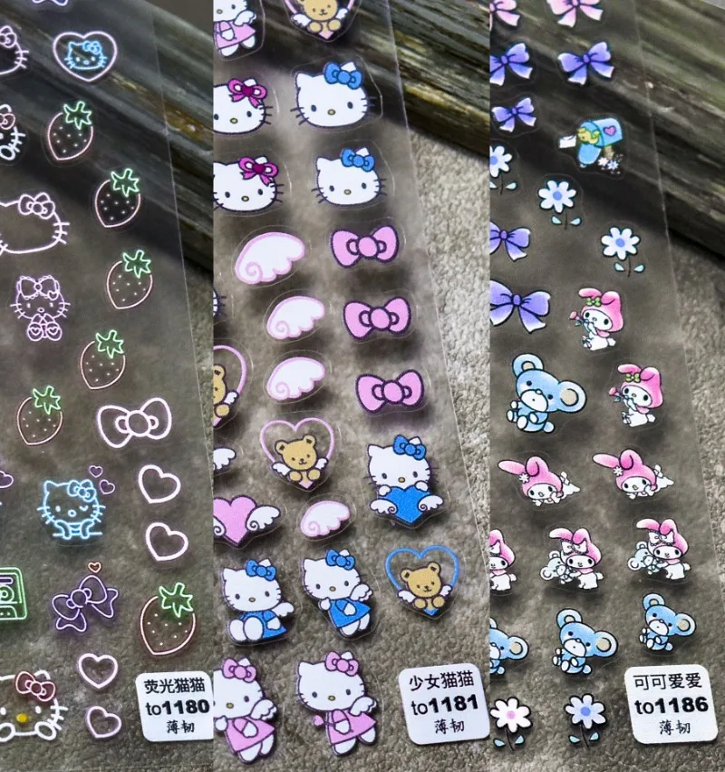 New Adhesive Cute Hello Kitty Nail Stickers 5d Fluorescent Nail Stickers Hello Kitty Melody Decorative Toys