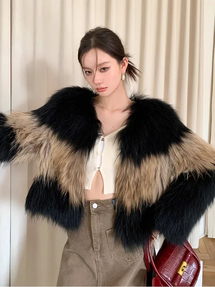 

Luxury Hand-woven Raccoon Fur Coat for Women Autumn Winter 2024 New High-end Simple Contrast Striped Real Fur Jacket