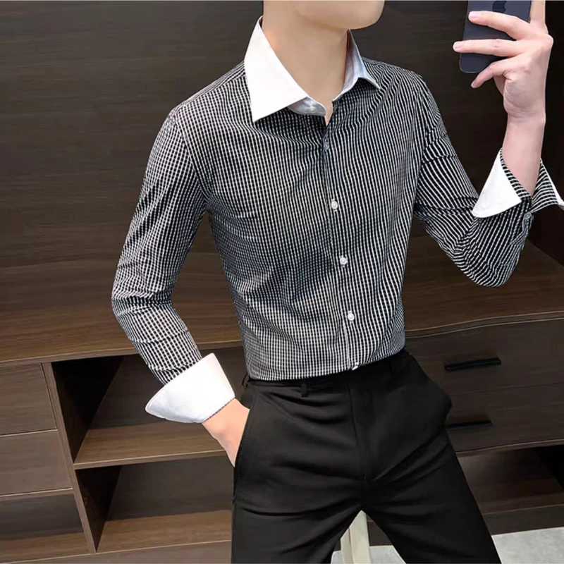

Autumn Long Sleeve 2026 New Style Plaid Shirt Slim Fit Korean Trendy Casual Versatile Men Top Wrinkle Resistant Anti Crease