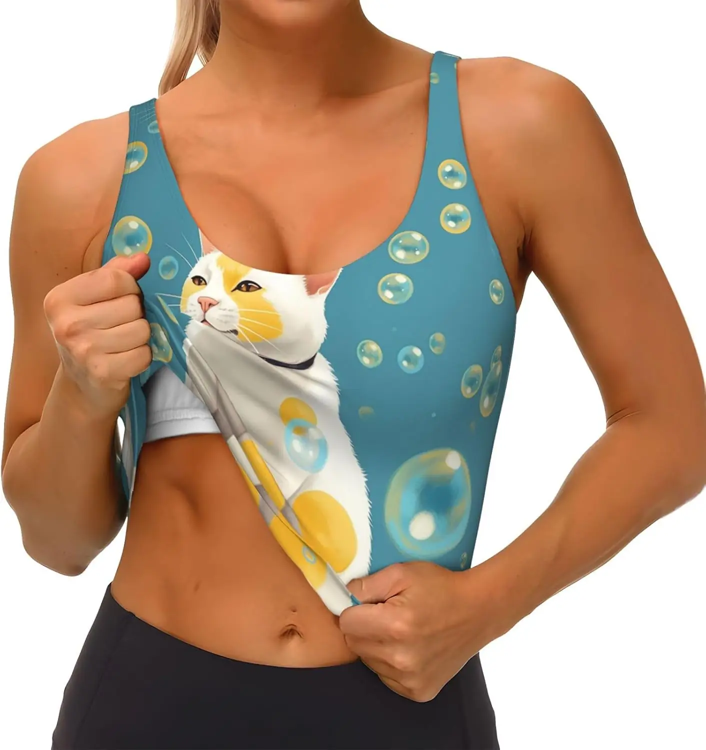 สปอร์ตบราสําหรับผู้หญิง, U Back เสื้อกล้ามสตรีแบบถอดได้หลายฟองและแมวตลกโยคะพิมพ์เสื้อออกกําลังกาย
