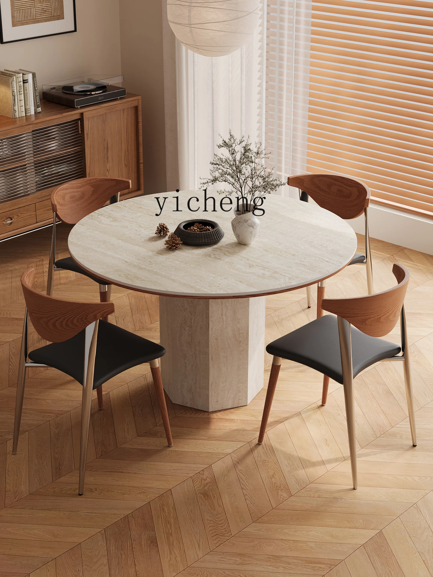 LSL طاولة مستديرة خمر لوحة حجر الترافرتين غرفة المعيشة طاولة طعام وكرسي مجموعة للمنزل شقة صغيرة
