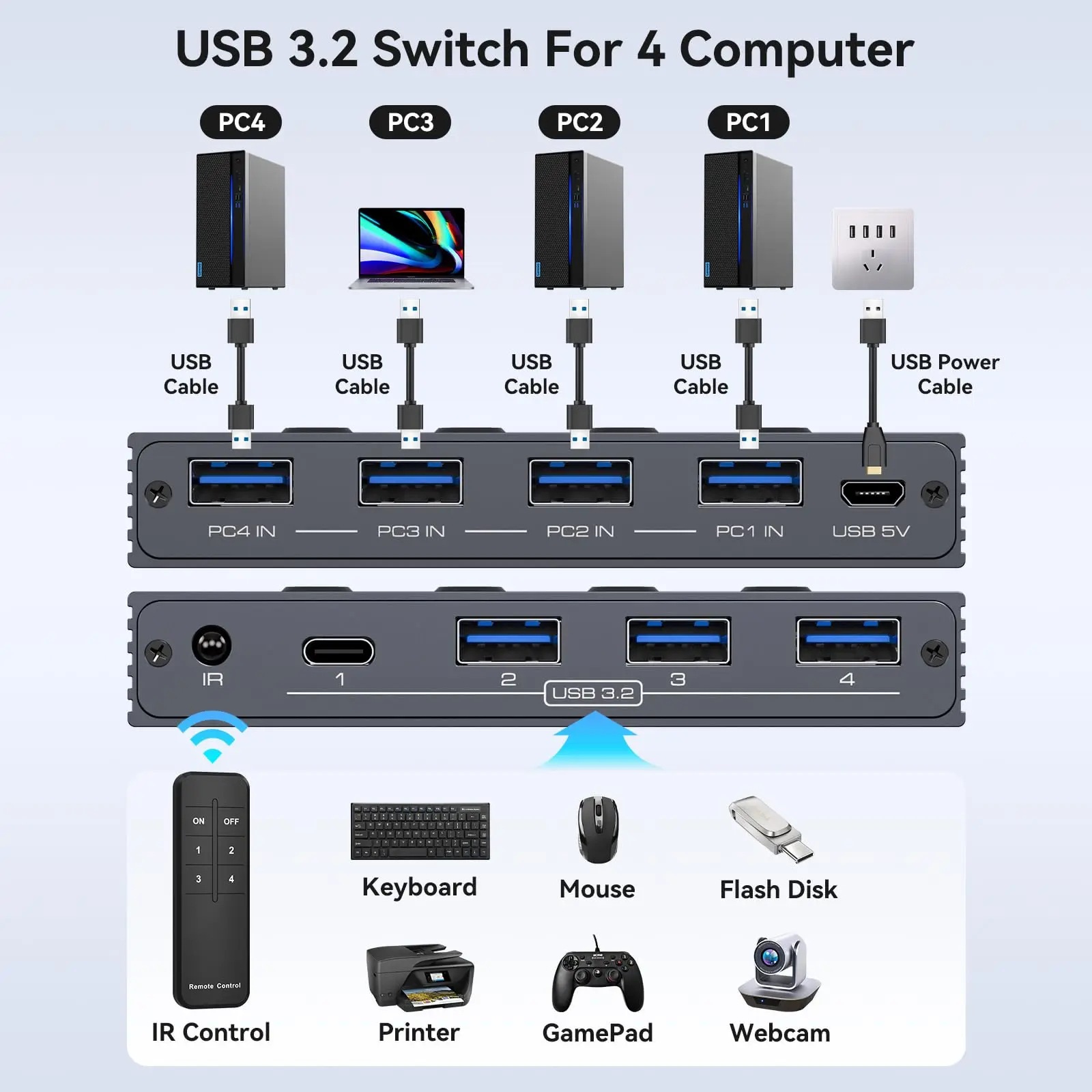 2025 새로운 USB 3.2 스위치 선택기 4 컴퓨터 공유 4 USB 장치, 4 포트 USB 스위처 공유 키보드 마우스 프린터 스캐너