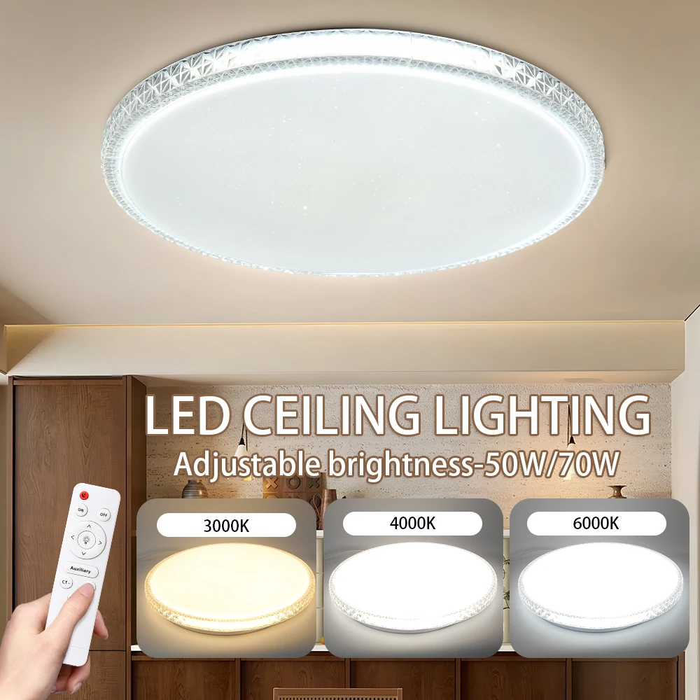 Crystal Led Ceiling Lamp with Remote Control Dimming 3 Colors Led Panel Lighting for Living Room 50W 70W Ceiling Lights 220V