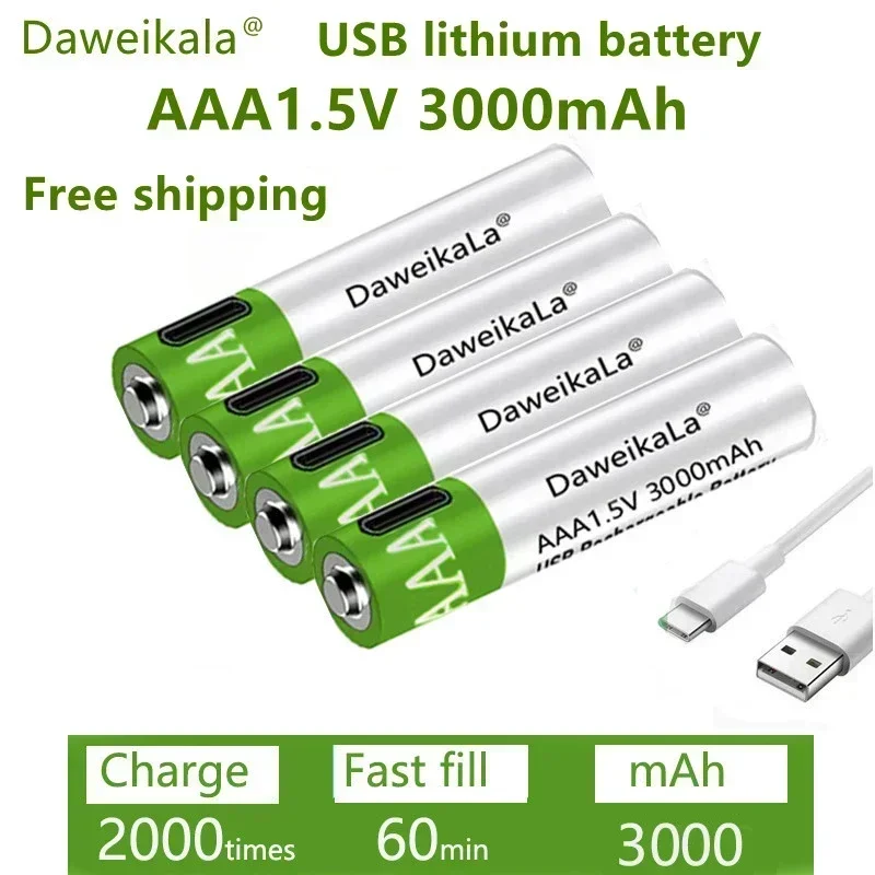 3000mAh 1.5V AAA Lithium Battery USB Rechargeable - Fast Charging for Toy/Keyboard/Remote Control 3000 Cycles