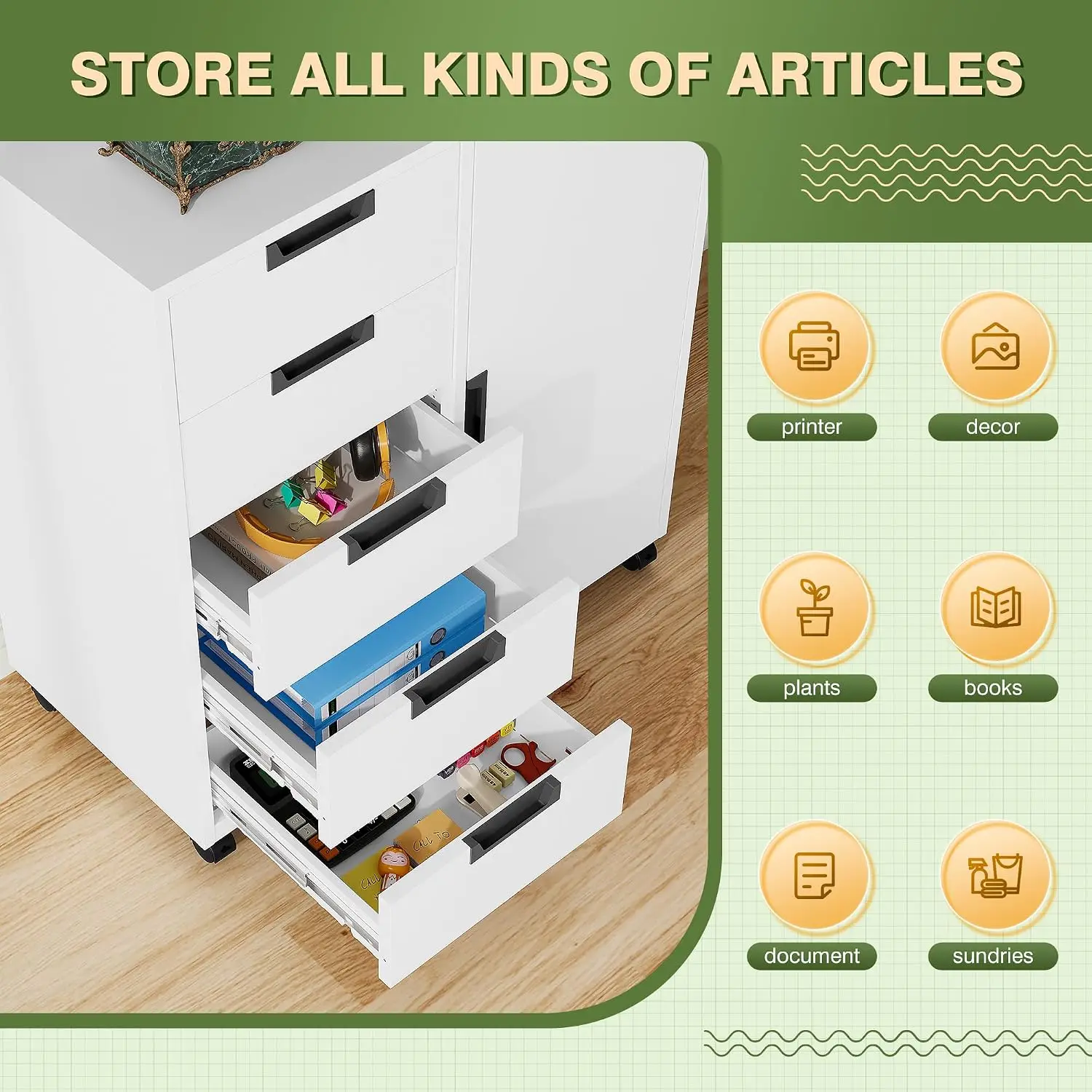 5-Drawer Metal Storage Cabinet with Wheels, Craft Organizer, Customized