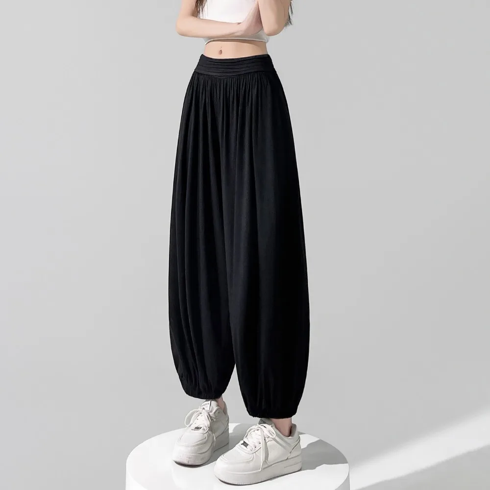 Summer New Solid Color Loose Fashion Versatile Holiday Nine-point Bloomers Pant Women's High-waisted Casual Pleated Trousers