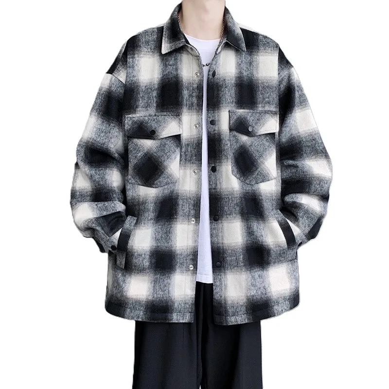 

New Unisex Autumn and Winter Outdoor Small Fragrance Style Plaid Loose Contrasting Color Woolen Plaid Large Pocket Button Jacket