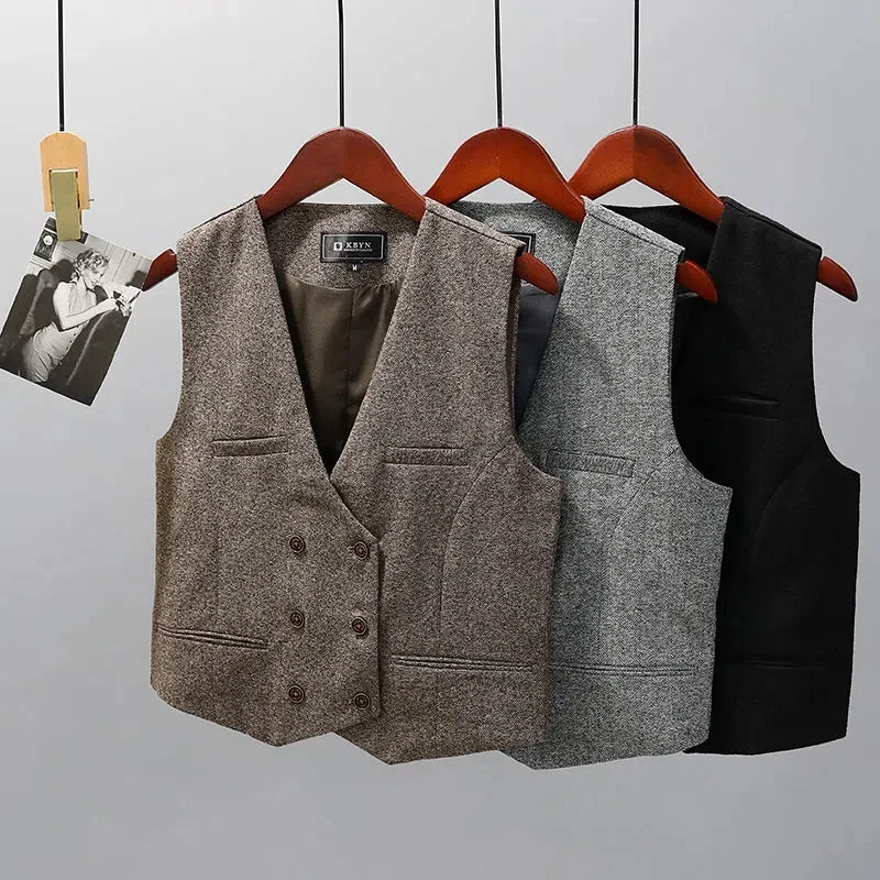 Women\'s Suit Vest Brown Double Breasted V Neck Retro Tweed Vests Casual Slim Fit Commuter Wedding Formal Business Waistcoat