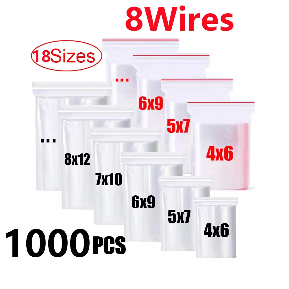 Wholesale100-1000Pcs 8Wires Transparent Plastic Zipper Storage Bag Self Sealed Bags Clear Ziplock Bags Jewelry Food Sealing Bag