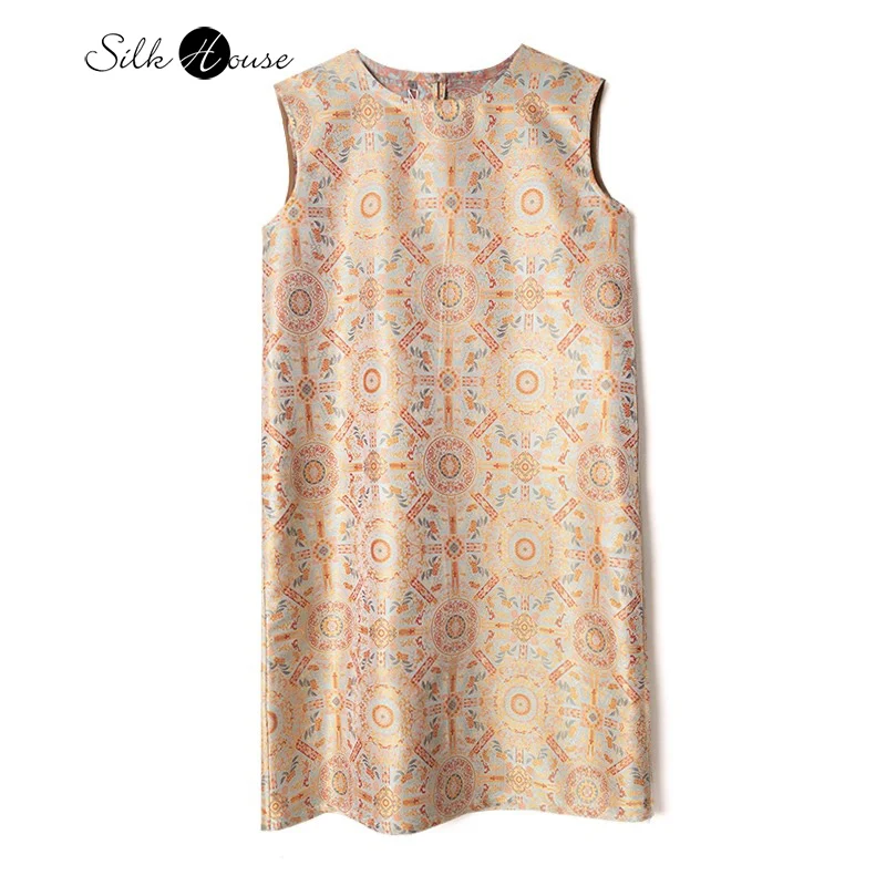 

2025 Women's Fashion Summer New Versatile Style 100% Natural Mulberry Silk Song Brocade Round Neck Printing Tank Top Dress