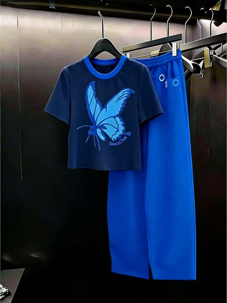 

Salt Series Blue Casual Fashion Set Women's Summer 2026 New Short Sleeve T-Shirt Wide Leg Pants Two Piece Set Women
