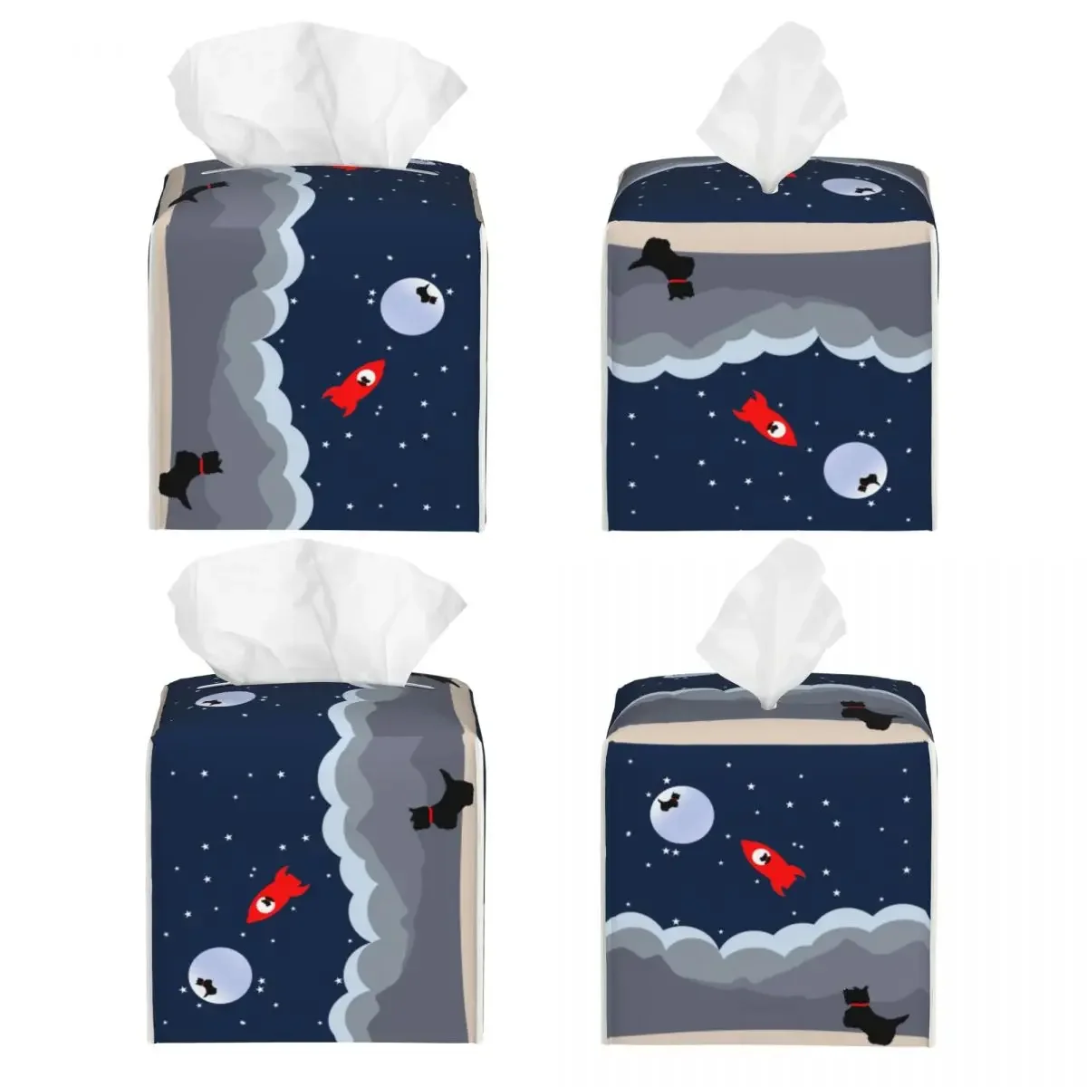 Custom Scottie Dog Moon And Back Tissue Box Cover Square PU Leather Scottish Terrier Lover Facial Tissues Holder for Home