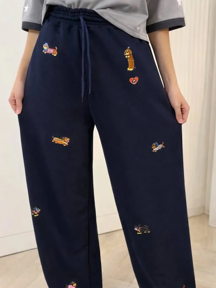Gray Dachshund Embroidered Drawstring Sweatpants Loose Drapey Wide-leg Sport Pants 2026 New Autumn Home Casual Daily Outfit