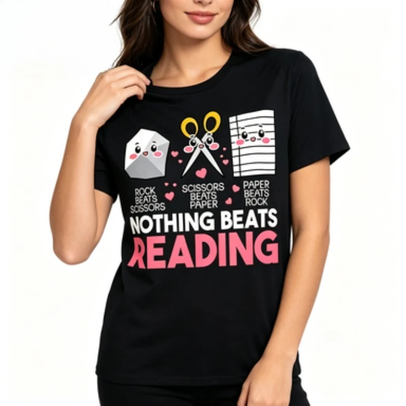 Ladies Soft Cotton O‑Neck Tee Funny Reading Lover Rock Paper Scissors Cute Cartoon Print Student Daily‑wear Summer T‑shirt