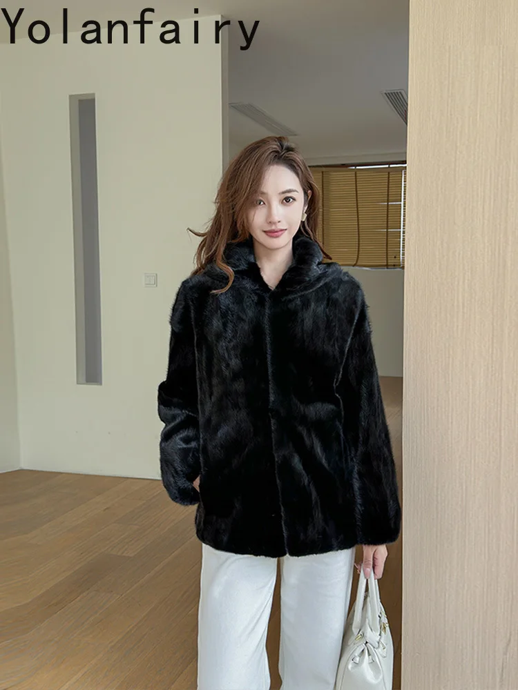 เสื้อโค้ทขนมิงค์แท้คุณภาพสูง YOLANFAIRY พร้อมฮู้ด เสื้อผ้าผู้หญิงแฟชั่นฤดูหนาว แจ็คเก็ตขนเสือดาว เสื้อโค้ทขนมิงค์แบบสั้น