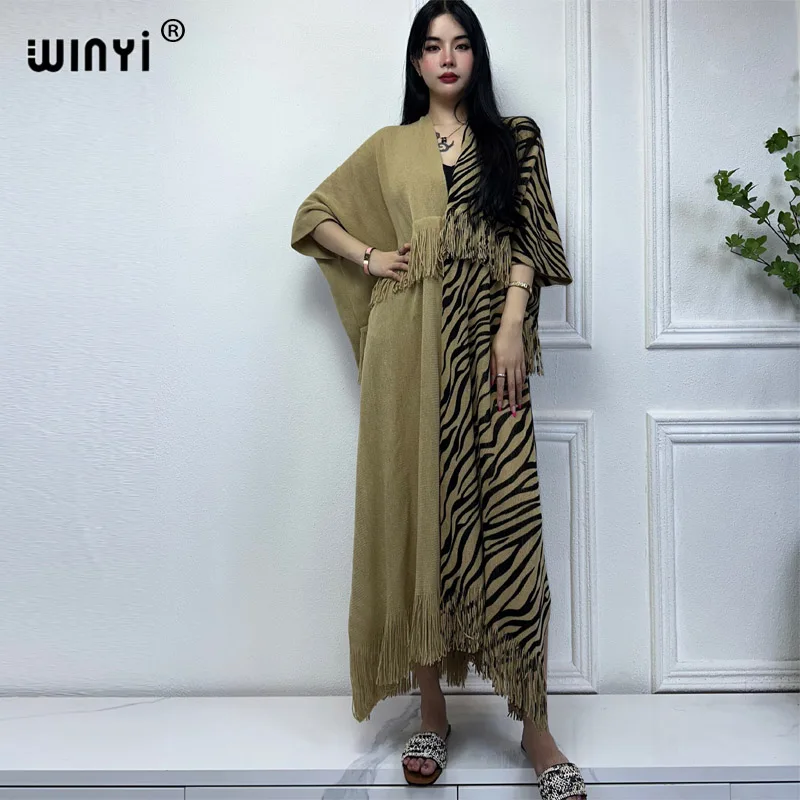 WINYI-Casaco de malha com estampa leopardo para mulheres, cardigã maxi, vestido de festa, casaco grosso quente, moda feminina, inverno