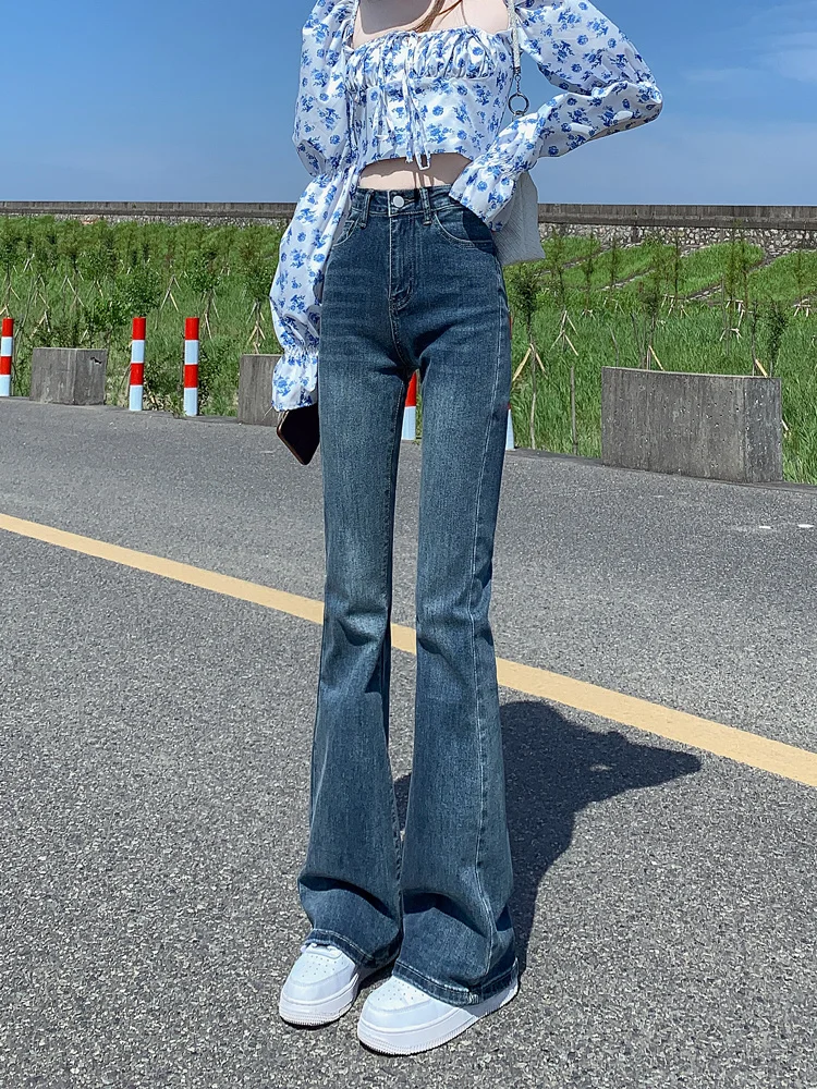 American Retro High Waist Slimming Jeans Women's Spring Summer New Style Micro Flared Versatile Slim Fit Cotton Stretch Denim