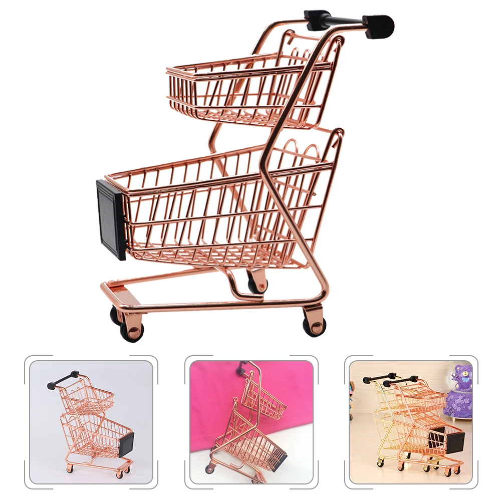 Mini carrito de compras dorado, organizador de almacenamiento de escritorio, carrito de mano para niños, dormitorio, oficina, cocina, uso pequeño bolígrafo de Metal para dulces