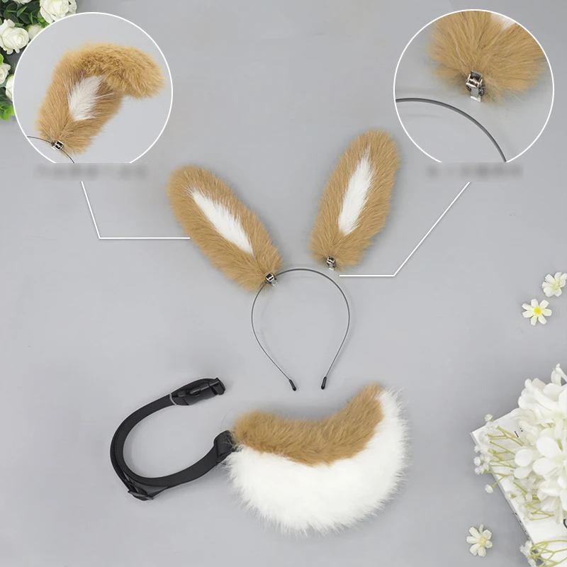 فروي اليدوية أفخم محاكاة آذان أرنب عقال مع لطيف الحيوان الذيل مجموعة الدعائم لوليتا Hairwear تأثيري اكسسوارات الحفلات