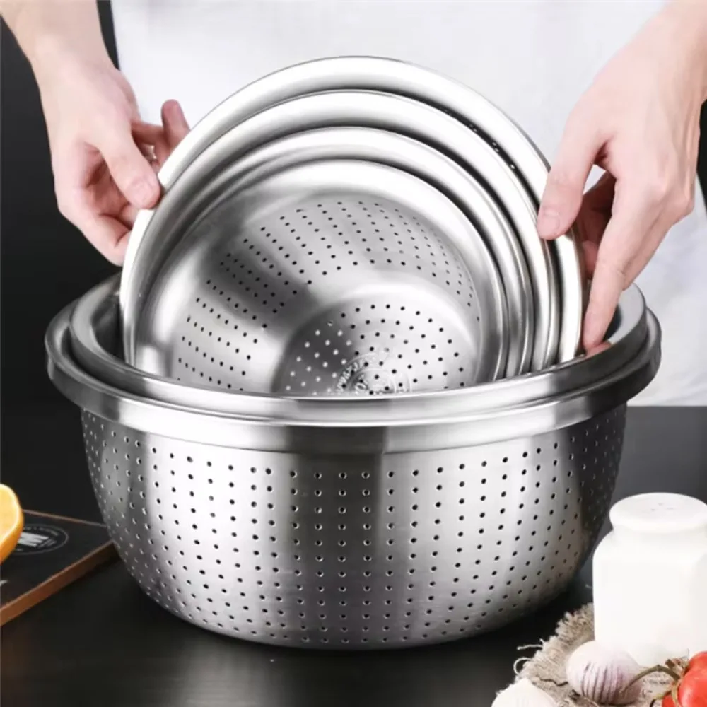 Round Stainless Steel Drain Basket Widened Edge Rust-proof Rice Washing Basket Unbreakable Anticorrosive Drain Basin Fruits