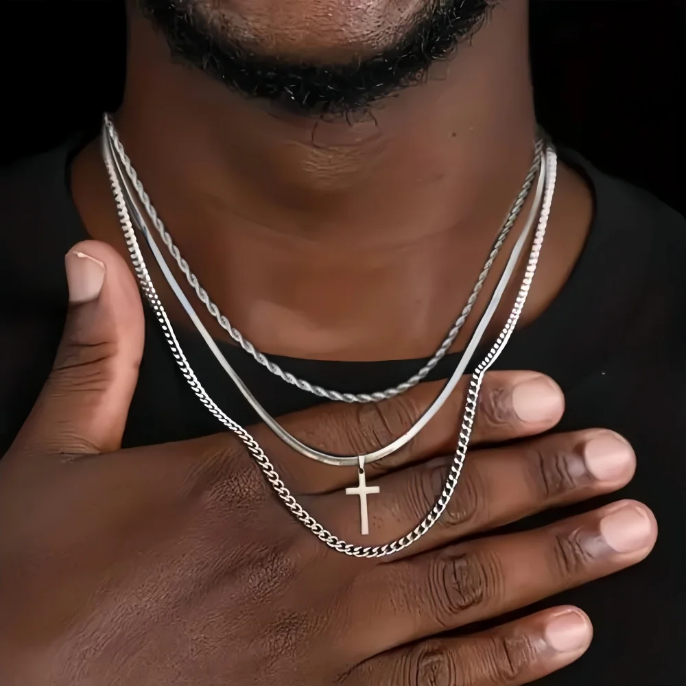 Hip-Hop-Kreuz-Mehrschichtige Kettenhalskette, einfache silberfarbene Legierungs-Twist-Kette, Herrenhalskette, trendiger Schmuckzubehör – Detail 1