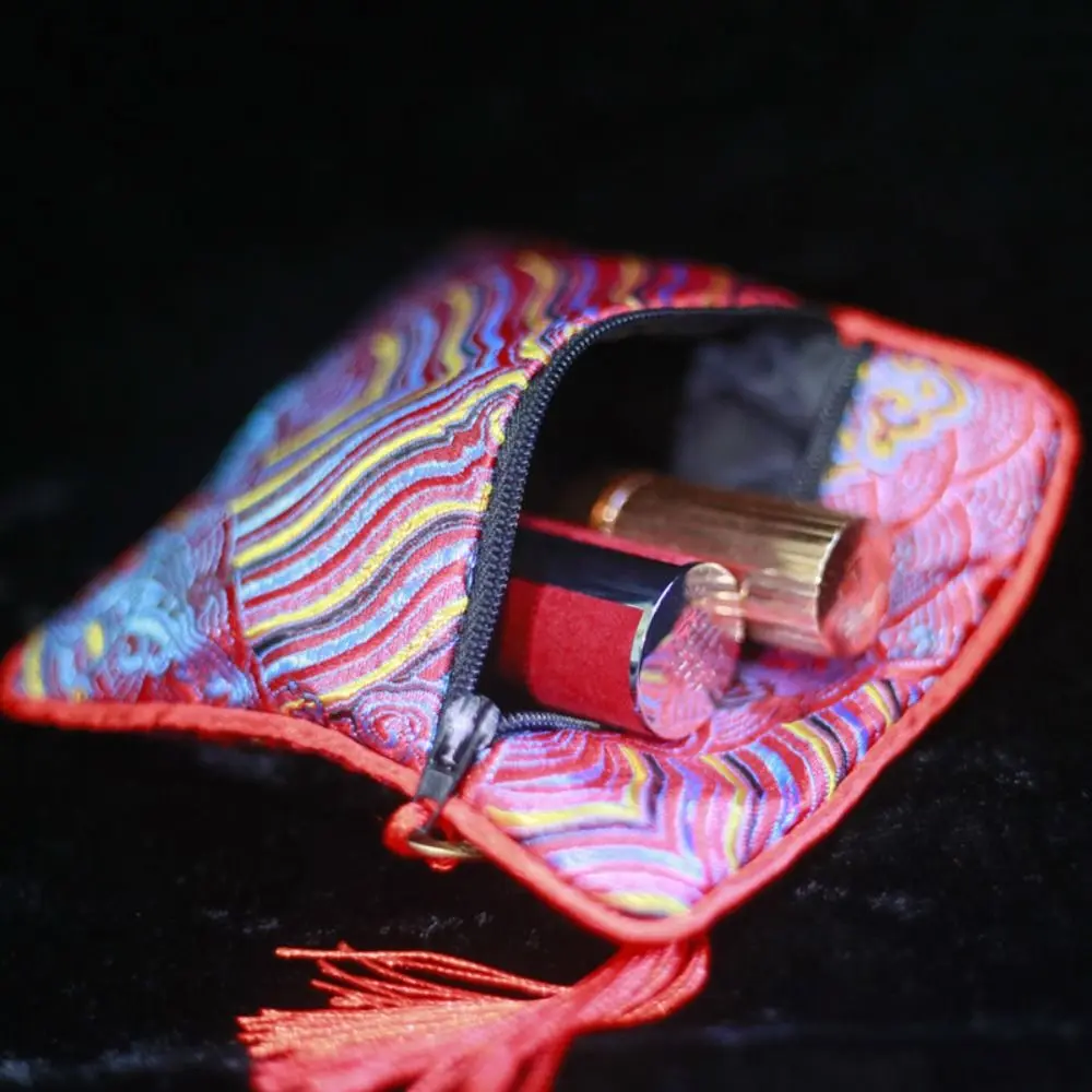 Organizzatore di gioielli in seta stile cinese Portamonete Borsa in broccato ricamato Borsa con cerniera modello onda marina Borsa per gioielli