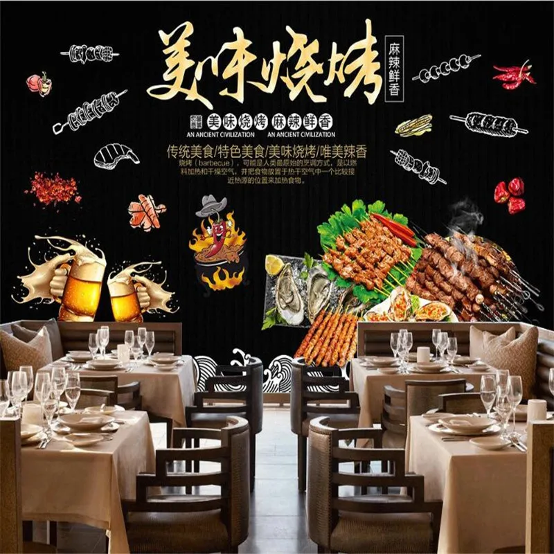 Black Wooden Board Skewer Beer Barbecue Shop Industrial Decor Background Wall Paper 3D Snack Bar Restaurant Mural Wallpaper 3D