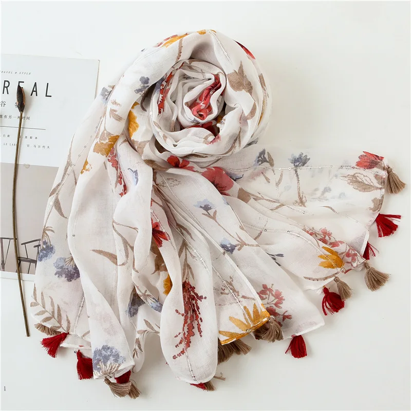 Ladies Women Glitter Silver Flowers Print Scarf Scarves Wraps In White Printed Hijab Luxury Women Shawls