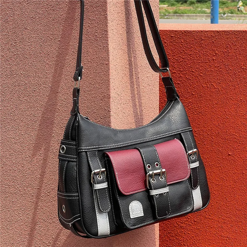 

Y2K Vintage women Crossbody Bag PU Leather Shoulder Bag for Women's big Tote Hip Hop Messenger Bag Large Commuter Female Handbag