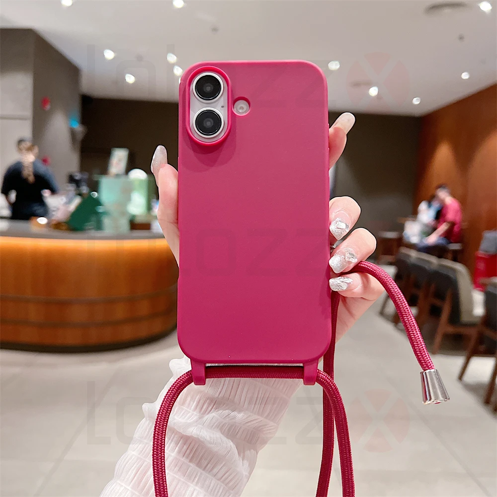 جراب هاتف Crossbody لهاتف iPhone ، سيليكون ناعم ، بلون واحد ، حلوى TPU ، غطاء ممتص للصدمات ، حزام قلادة ، iPhone 15 ، iPhone 16 Pro Max ، iPhone 13 ، iPhone 12 ، iPhone 14 Plus